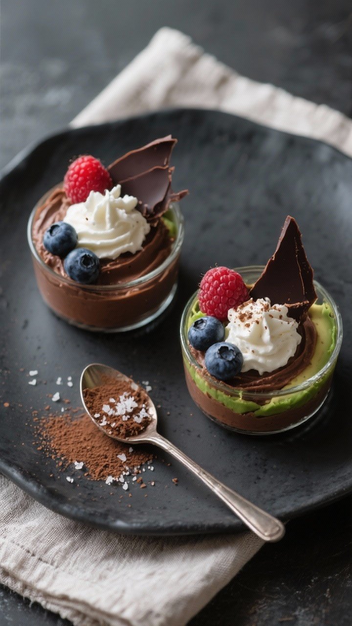 Final dish, tasty top view: Overhead shot of chilled avocado chocolate mousse spooned into small gla