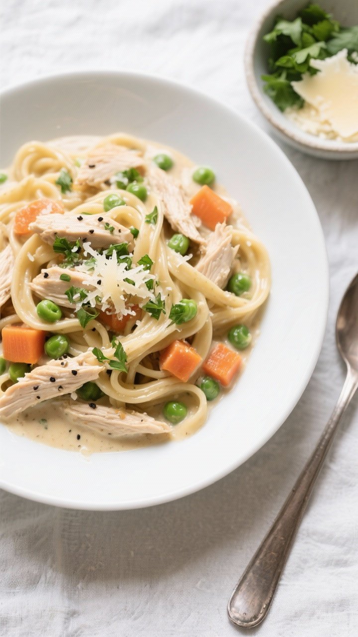 Final dish, tasty top view: Overhead shot of Easy Chicken & Noodles in Creamy Sauce plated in a wide