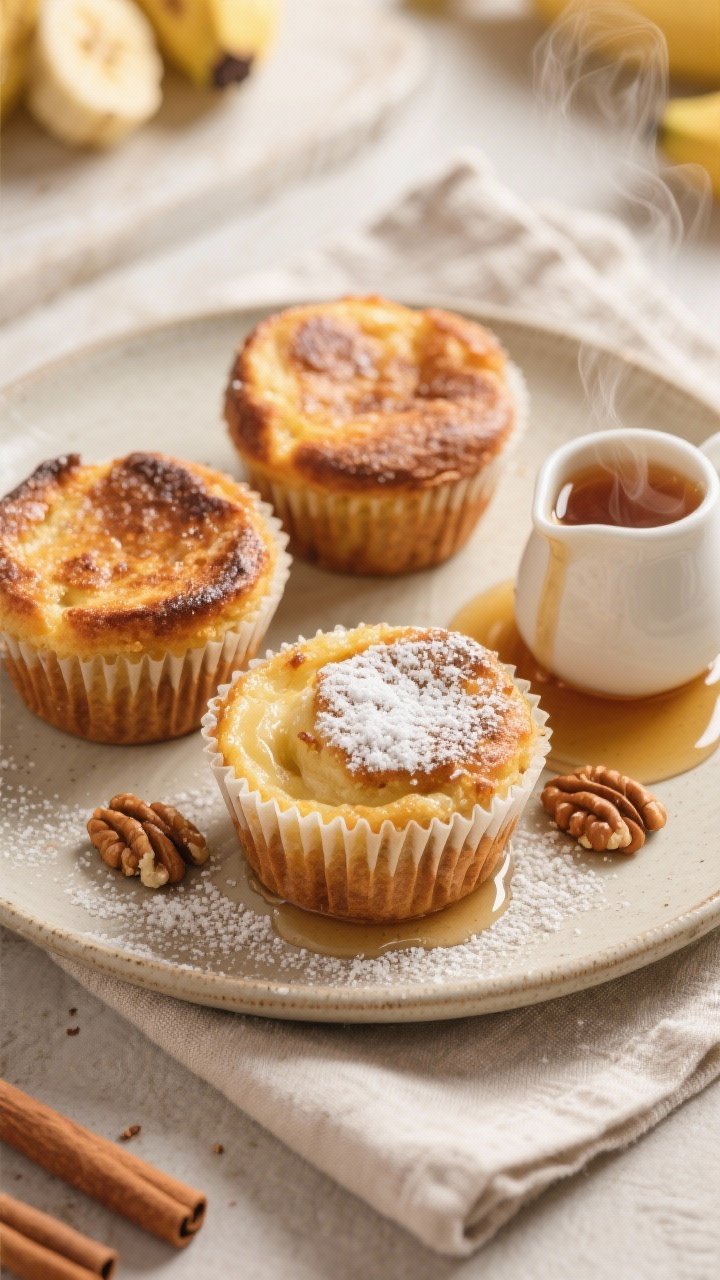 Final dish, tasty top view: Overhead shot of freshly baked Banana Cinnamon French Toast Muffins on a