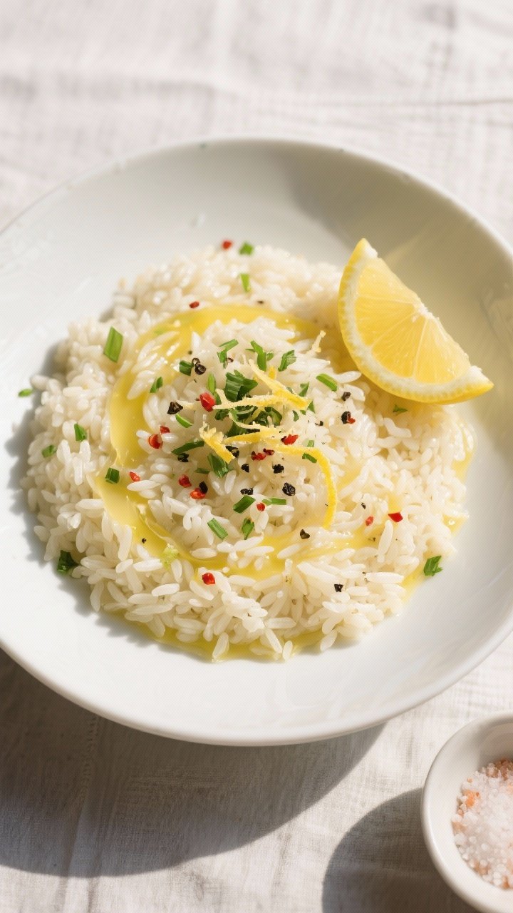 Final dish, tasty top view: Overhead shot of lemon butter seasoned rice fluffed and plated in a wide