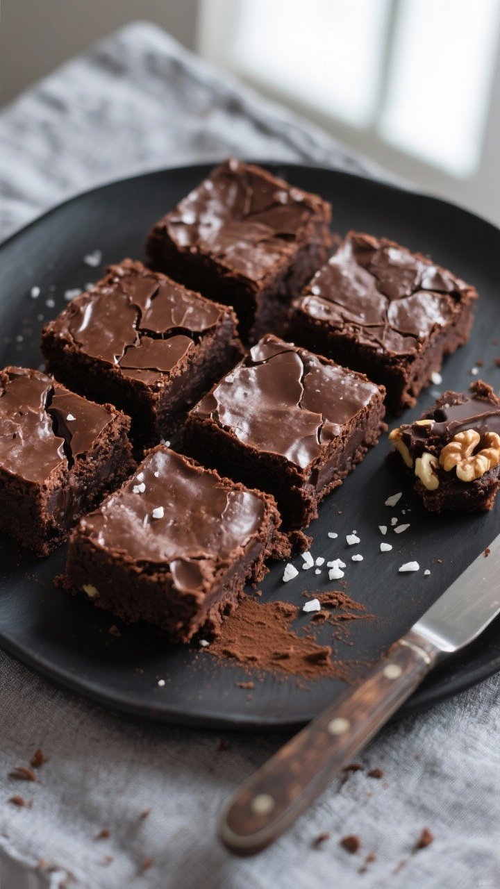 Final dish, tasty top view: Overhead shot of neatly cut squares of fudgy double chocolate brownies a