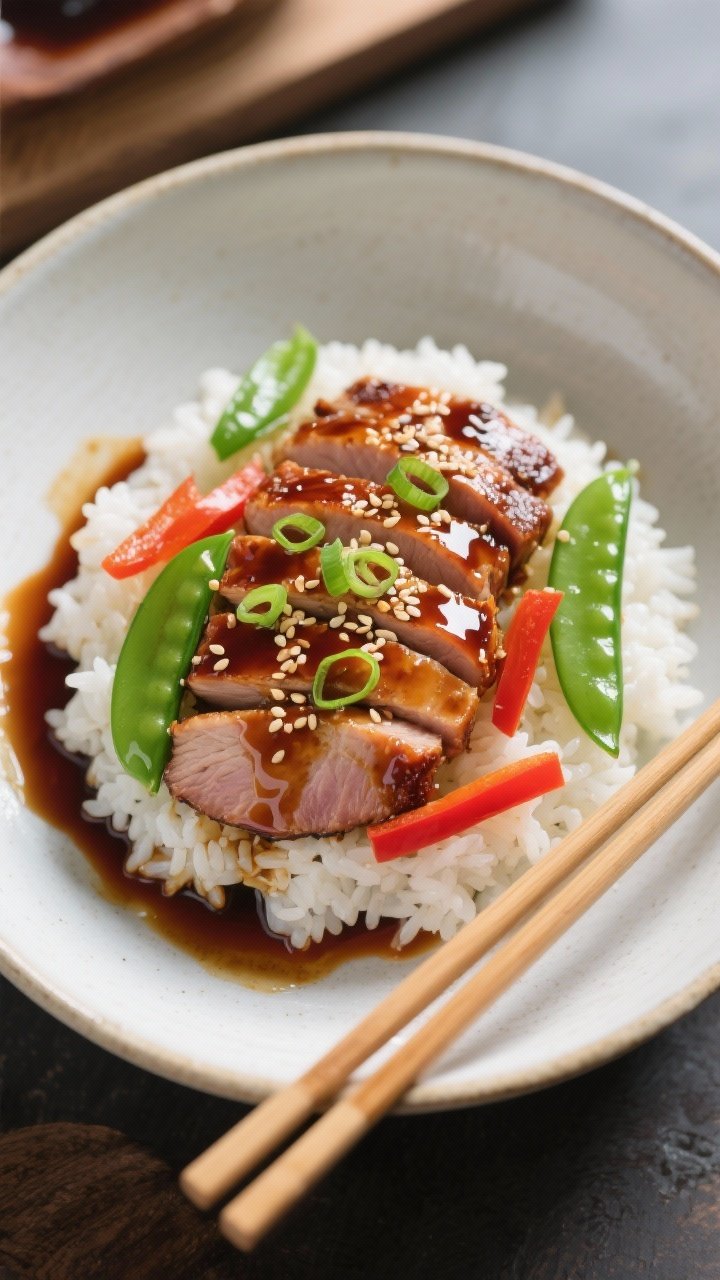 Final dish, tasty top view: Overhead shot of sliced teriyaki pork tenderloin fanned over fluffy whit