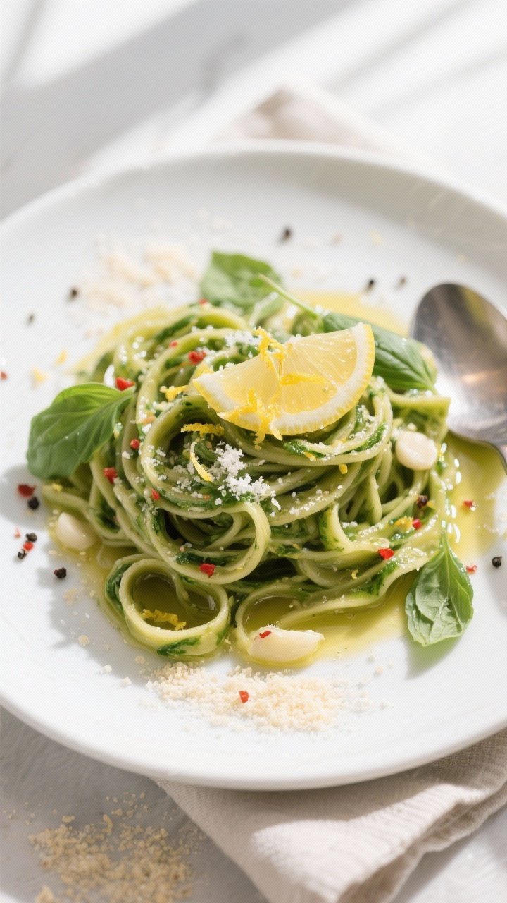 Final dish, tasty top view: Overhead shot of vegan fresh spinach tagliatelle tossed in a glossy oliv