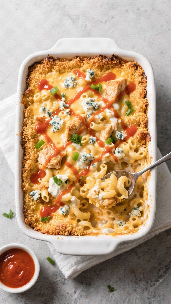 Final dish/top-down: Overhead shot of baked Buffalo Chicken Mac and Cheese in a 9x13 white ceramic b