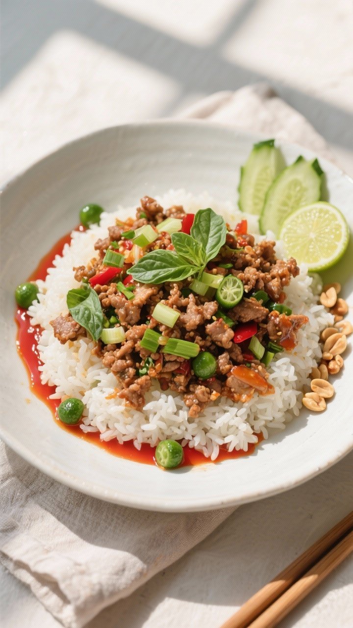 Final dish top-down: Overhead shot of Thai Pork Mince Stir Fry with Native Lime served family-style 