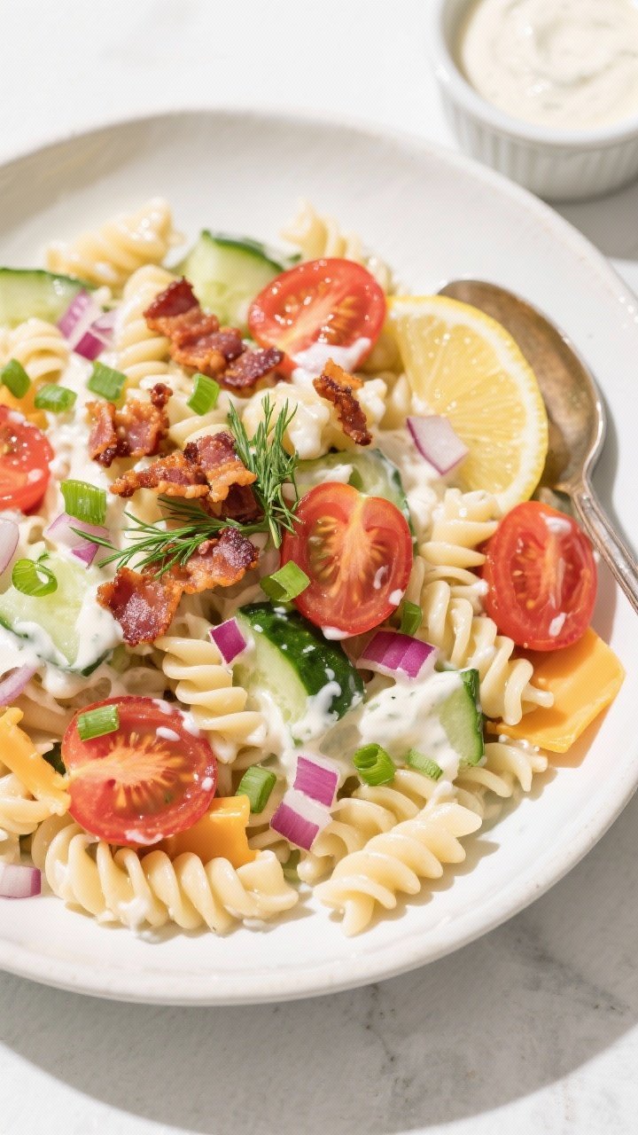 Final dish, top view: Overhead shot of Creamy Bacon Ranch Pasta Salad in a wide white ceramic servin