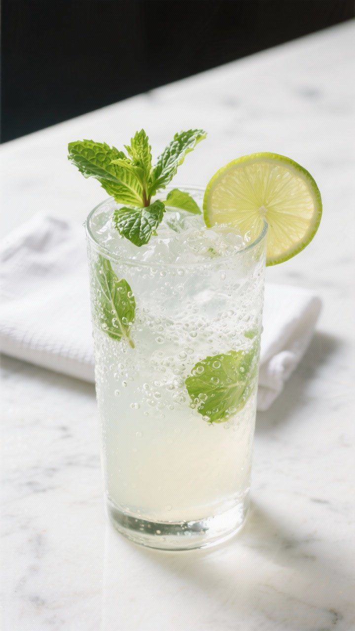 Final drink, overhead top-down: Finished classic Mojito in a tall Collins glass packed with sparklin