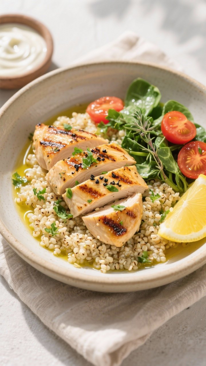 Final plated bowl, vibrant overhead: Top-down shot of a restaurant-quality bowl featuring a bed of f