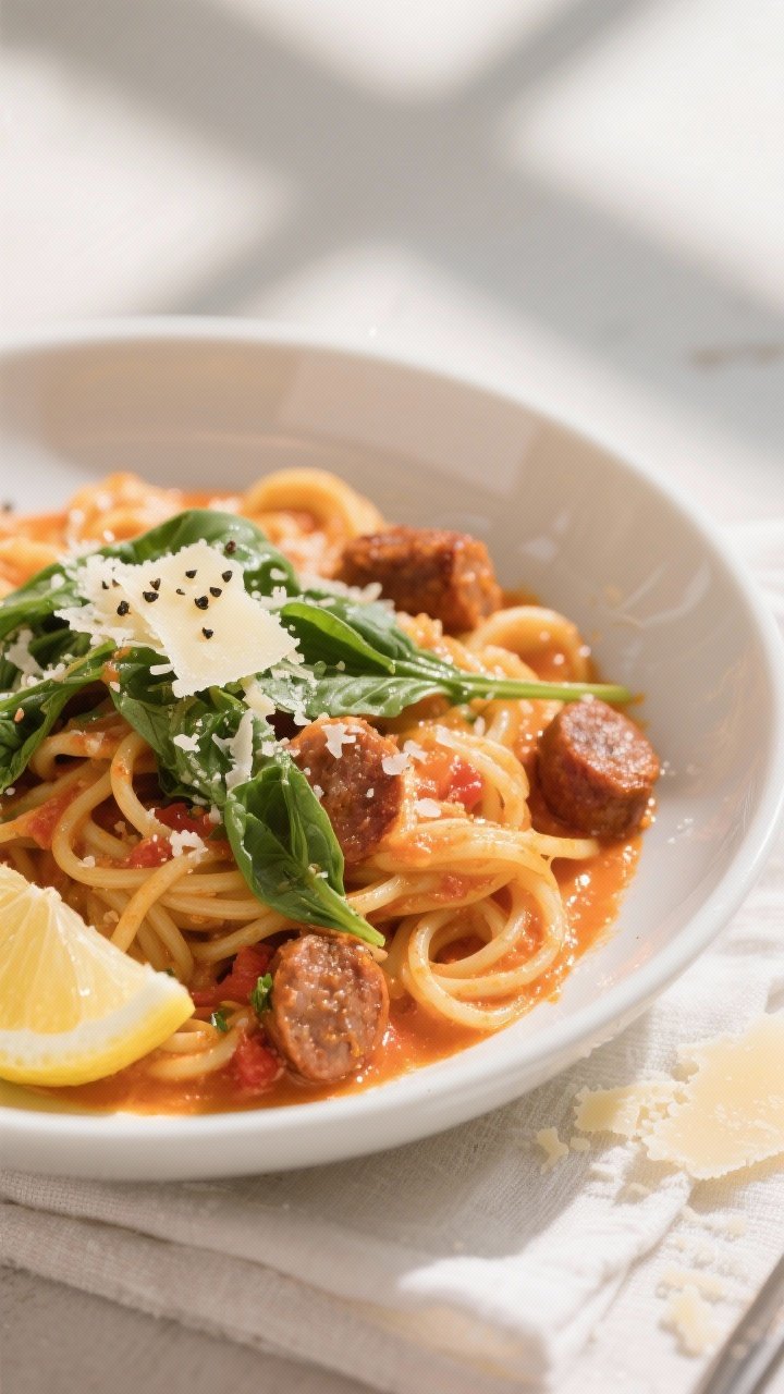 Final plated dish — Close-up detail of the finished creamy Italian sausage pasta twirled into a sh