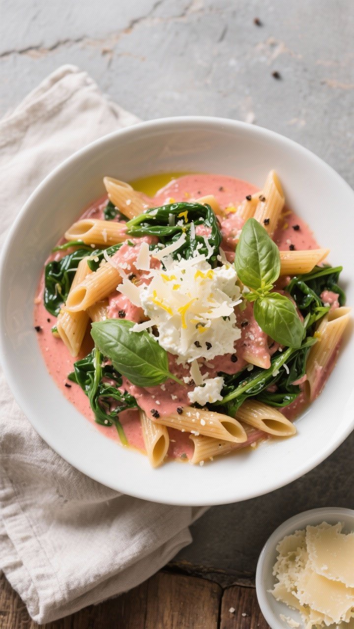 Final plated dish top view: Beautifully plated One-Pot Penne with Spinach & Ricotta in a wide, shall