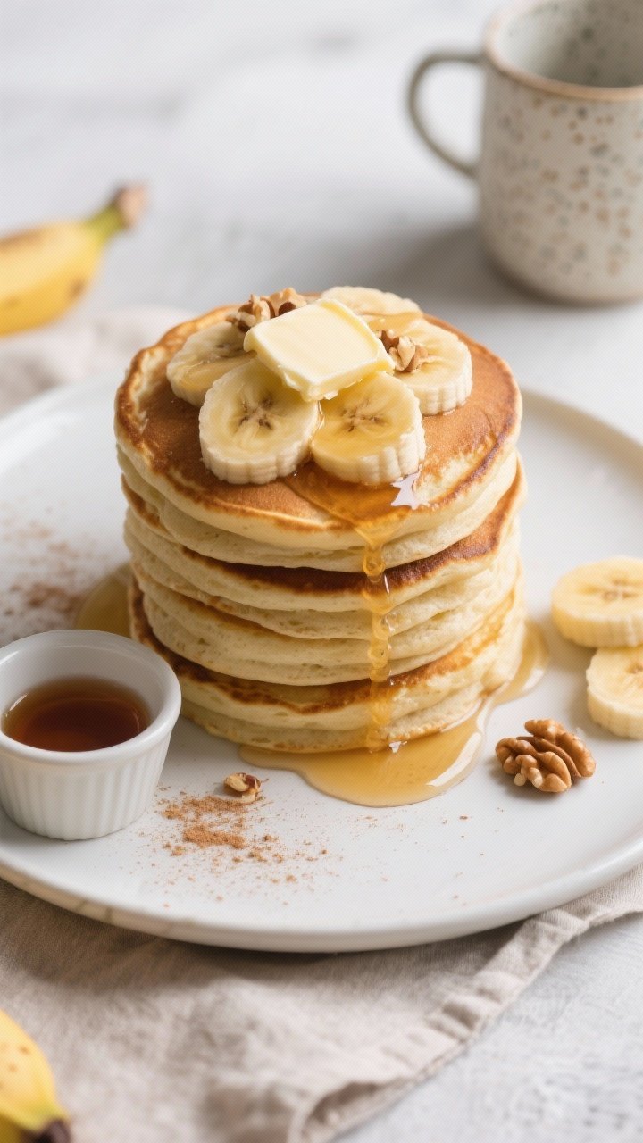 Final plated overhead: A tall stack of fluffy banana pancakes on a matte white plate, topped with gl