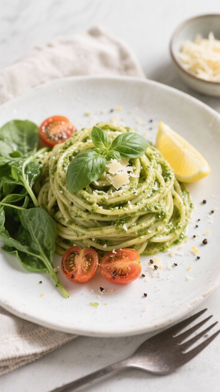 Final plated overhead: Basil Pesto Cream Sauce Pasta beautifully twirled into a nest on a wide white