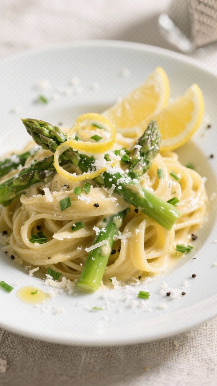 Final plated overhead: Restaurant-quality presentation of Creamy Lemon Asparagus Pasta twirled into 