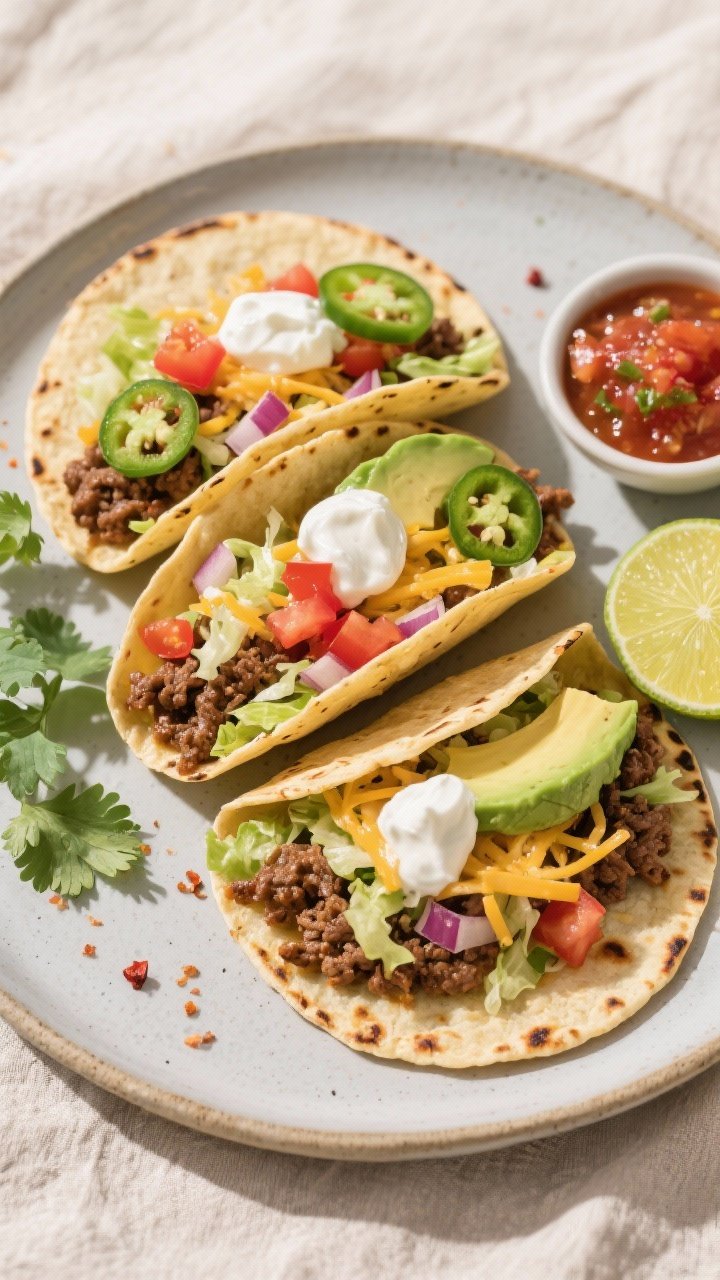 Final plated overhead shot: Fully assembled beef mince tacos, three in a row on a matte ceramic plat
