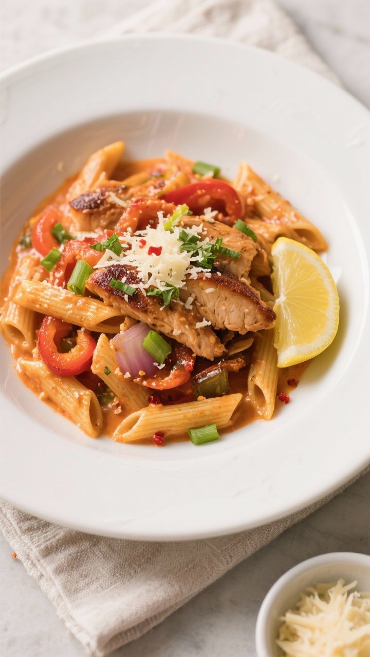 Final plated overhead: Spicy Cajun Chicken Pasta twirled with penne in a silky, slightly thickened c