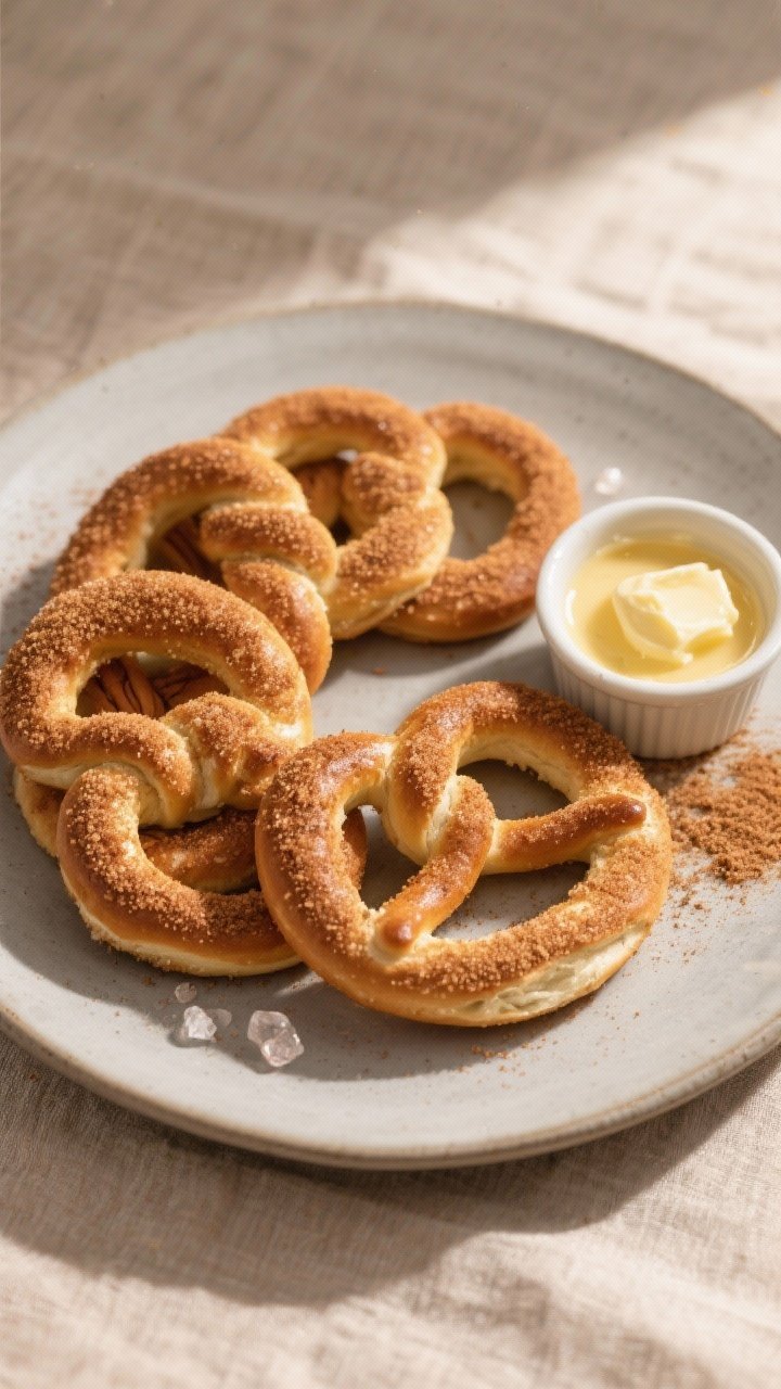 Final plated overhead: Tasty top-down shot of a platter of cinnamon sugar soft pretzels arranged in 