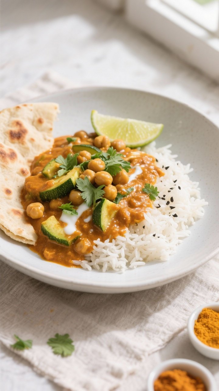 Final plated overhead: Top-down, restaurant-quality presentation of Vegan Zucchini Chickpea Curry la