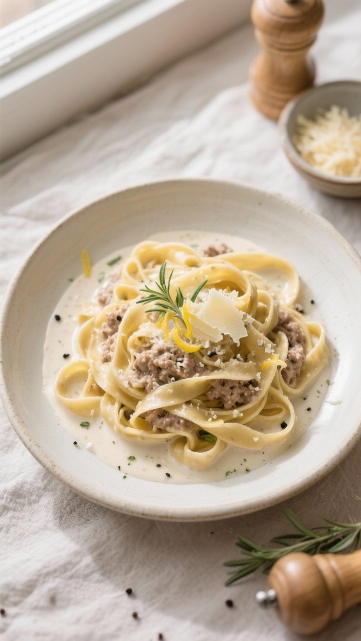 Final plated overhead: Top-down shot of tagliatelle coated in silky white Bolognese, sauce clinging 