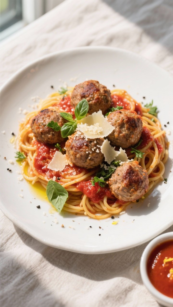 Final plated, tasty top view: Overhead shot of baked turkey meatballs nestled in bright, glossy mari