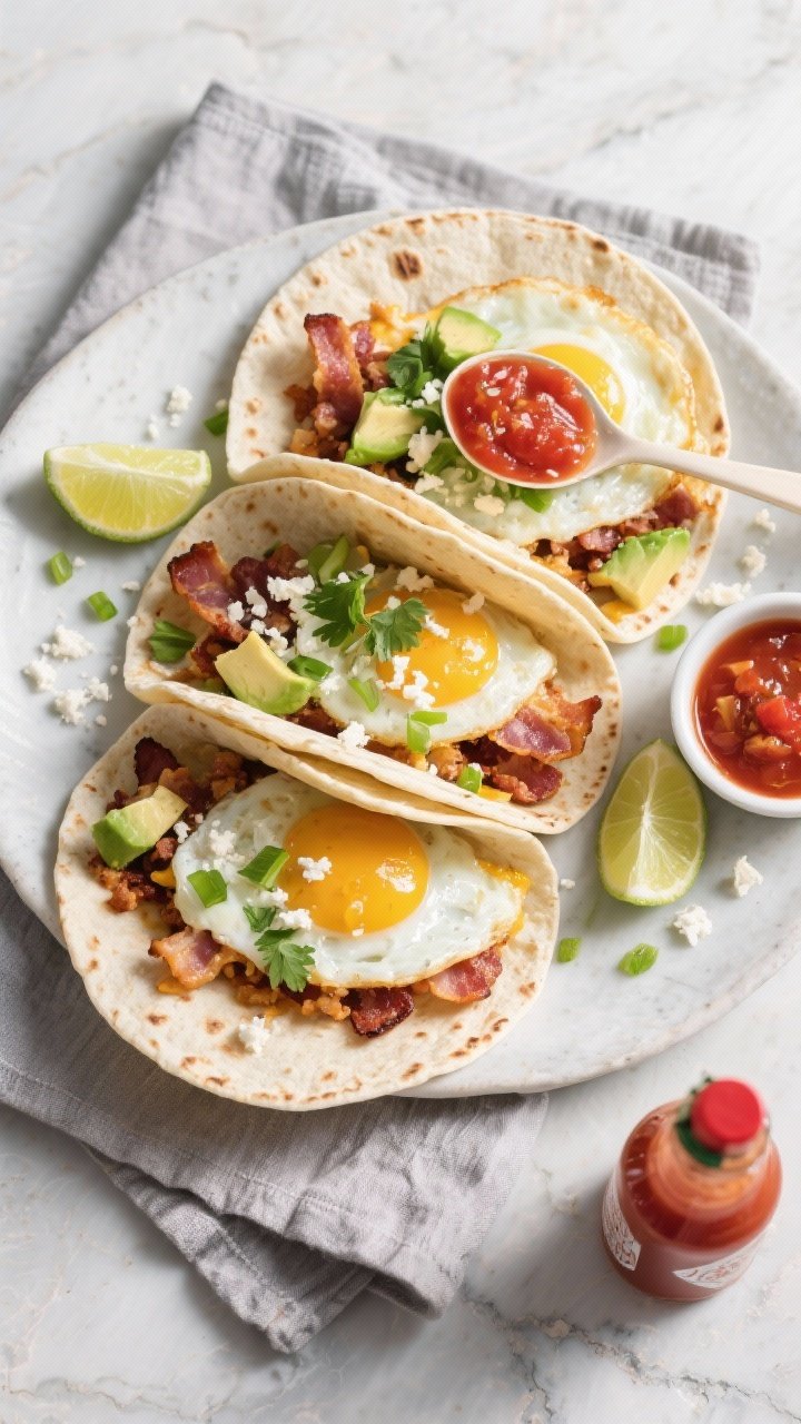 Final plated, tasty top view: Overhead shot of three cheesy bacon breakfast tacos on warm street-siz