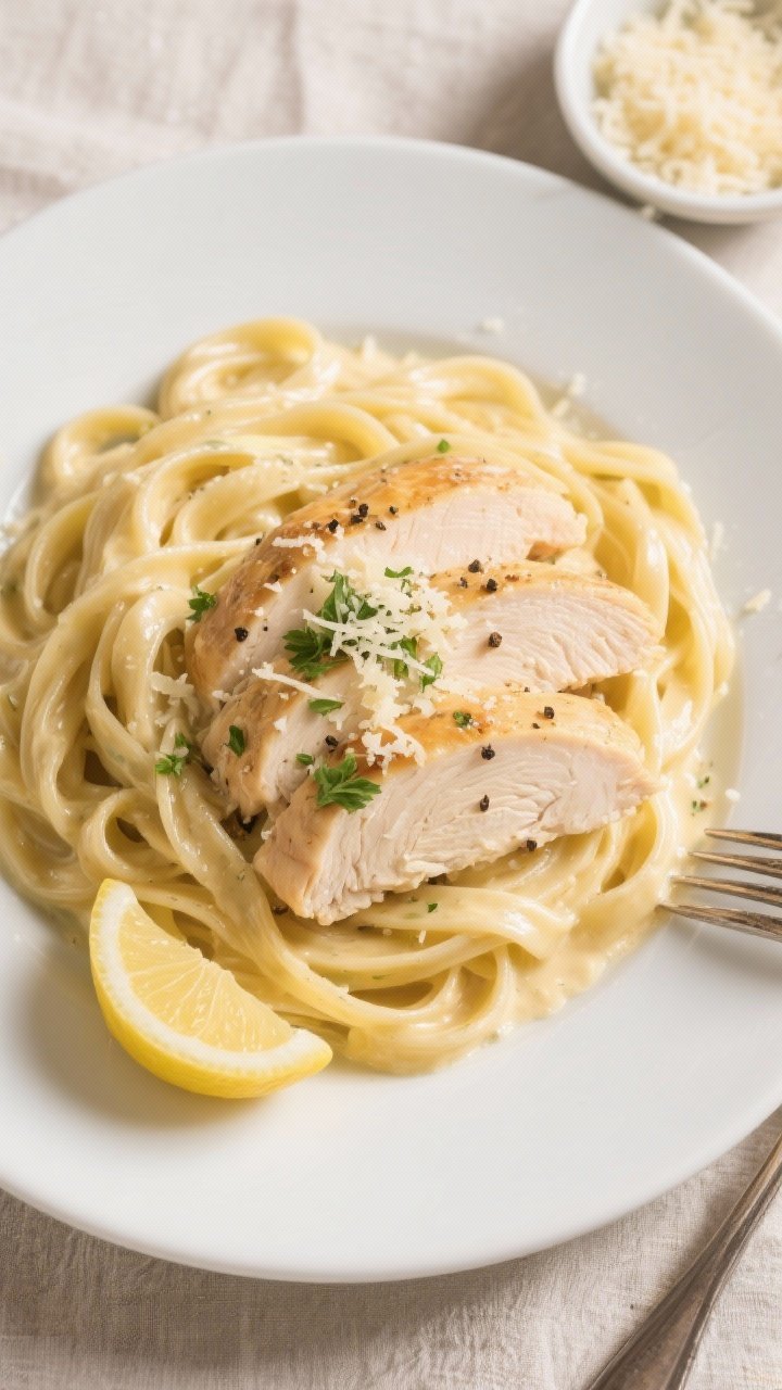 Final plated top-down: Restaurant-style Chicken Fettuccine Alfredo beautifully twirled into a nest o