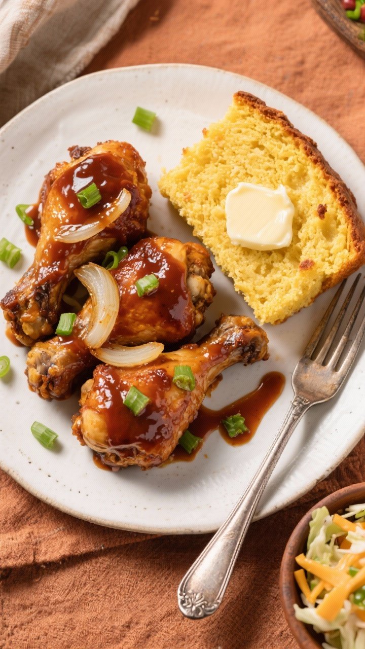 Final plated, top view: Overhead shot of a cozy plate featuring three saucy crockpot BBQ chicken dru