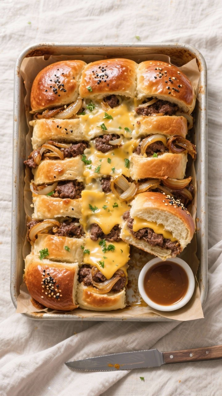 Final presentation overhead: A 9x13 pull-apart batch of French Onion Beef Sliders fresh from the ove
