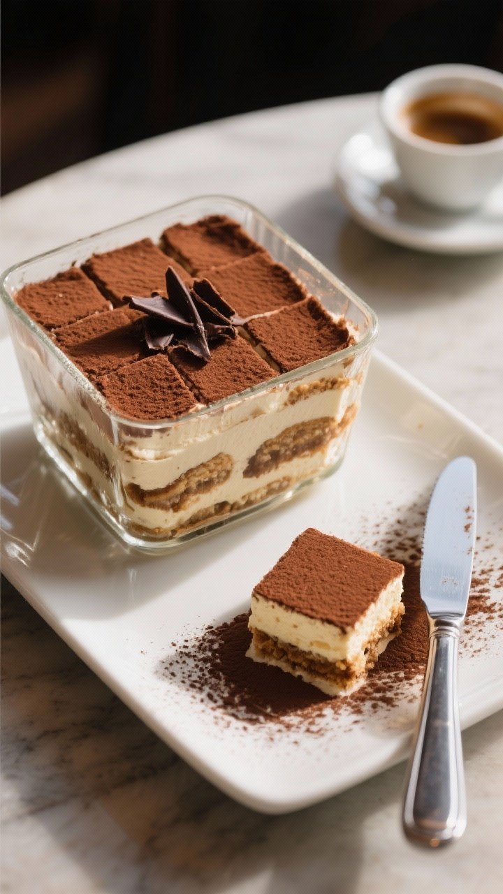 Final presentation overhead: An elegant, fully set tiramisu in a clear glass square dish, sliced int