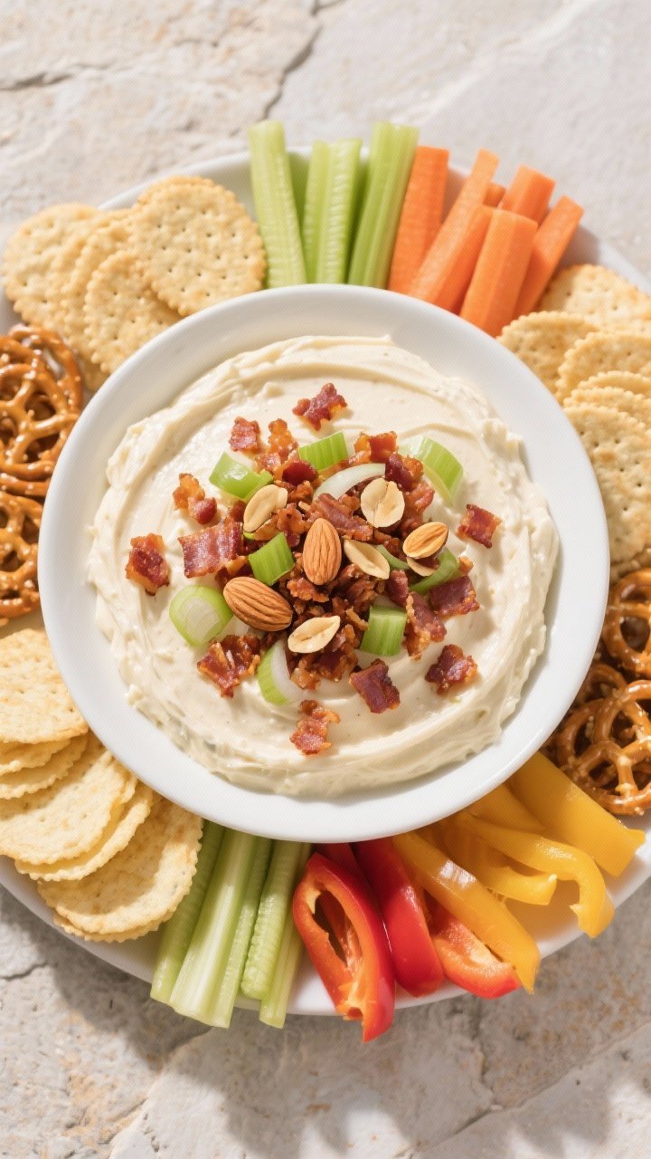 Final presentation overhead: Tasty top-down shot of the finished Million Dollar Dip mounded in a low