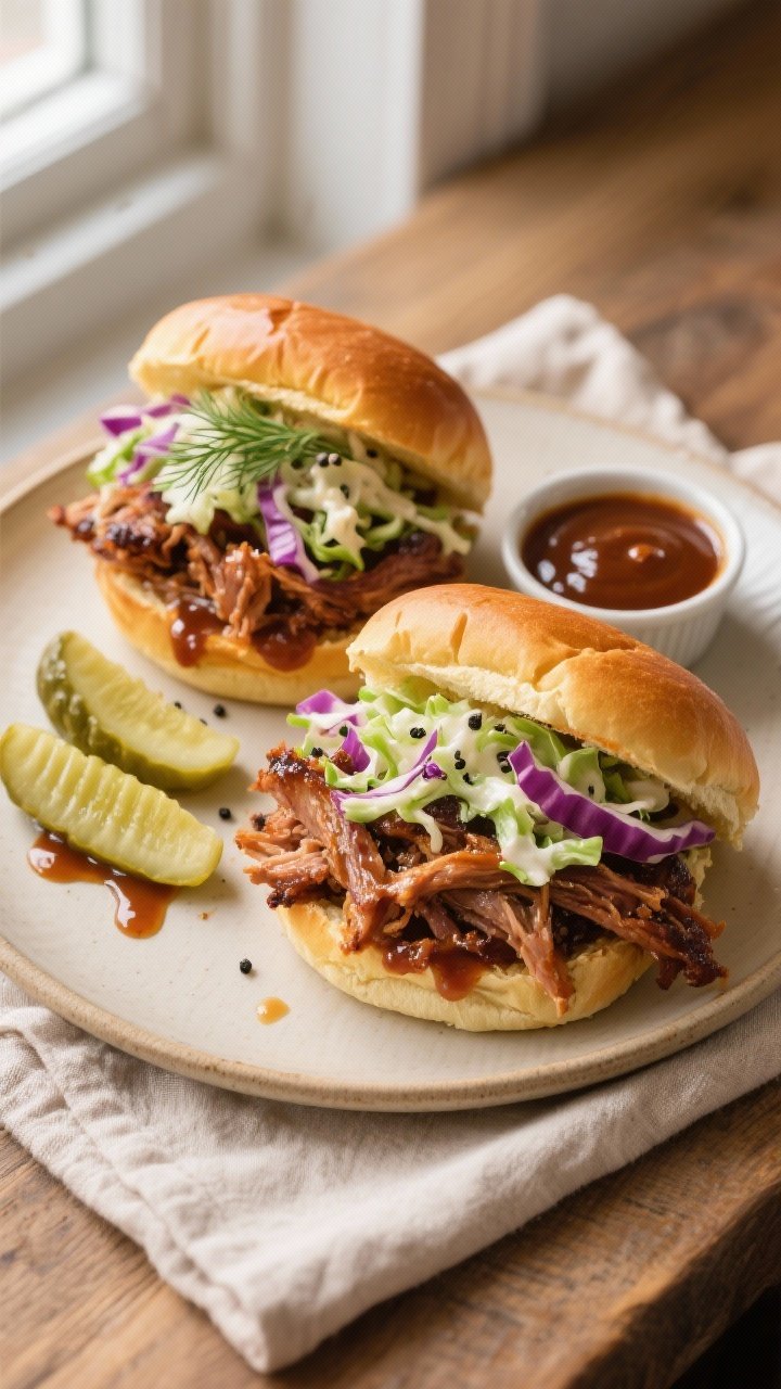 Final sandwich overhead: Overhead shot of two slow cooker pulled pork sandwiches on toasted golden b