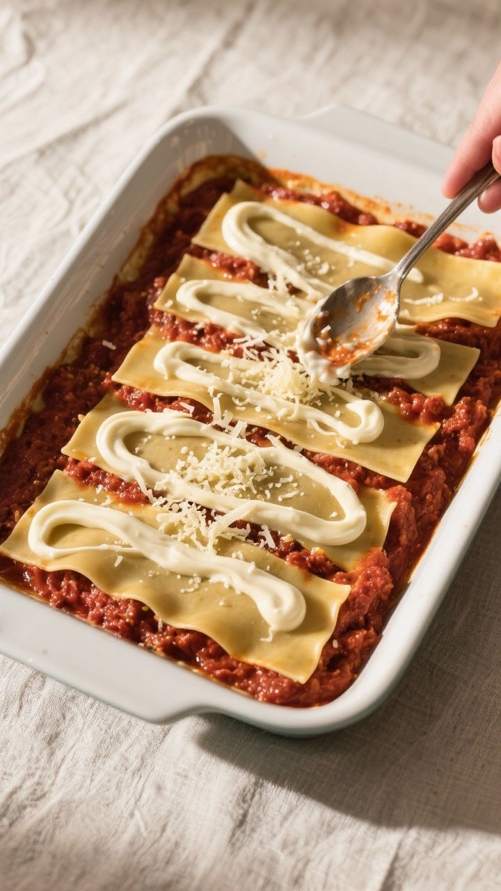 Overhead cooking-process shot of the lasagna mid-assembly in a 9x13-inch baking dish: neatly arrange