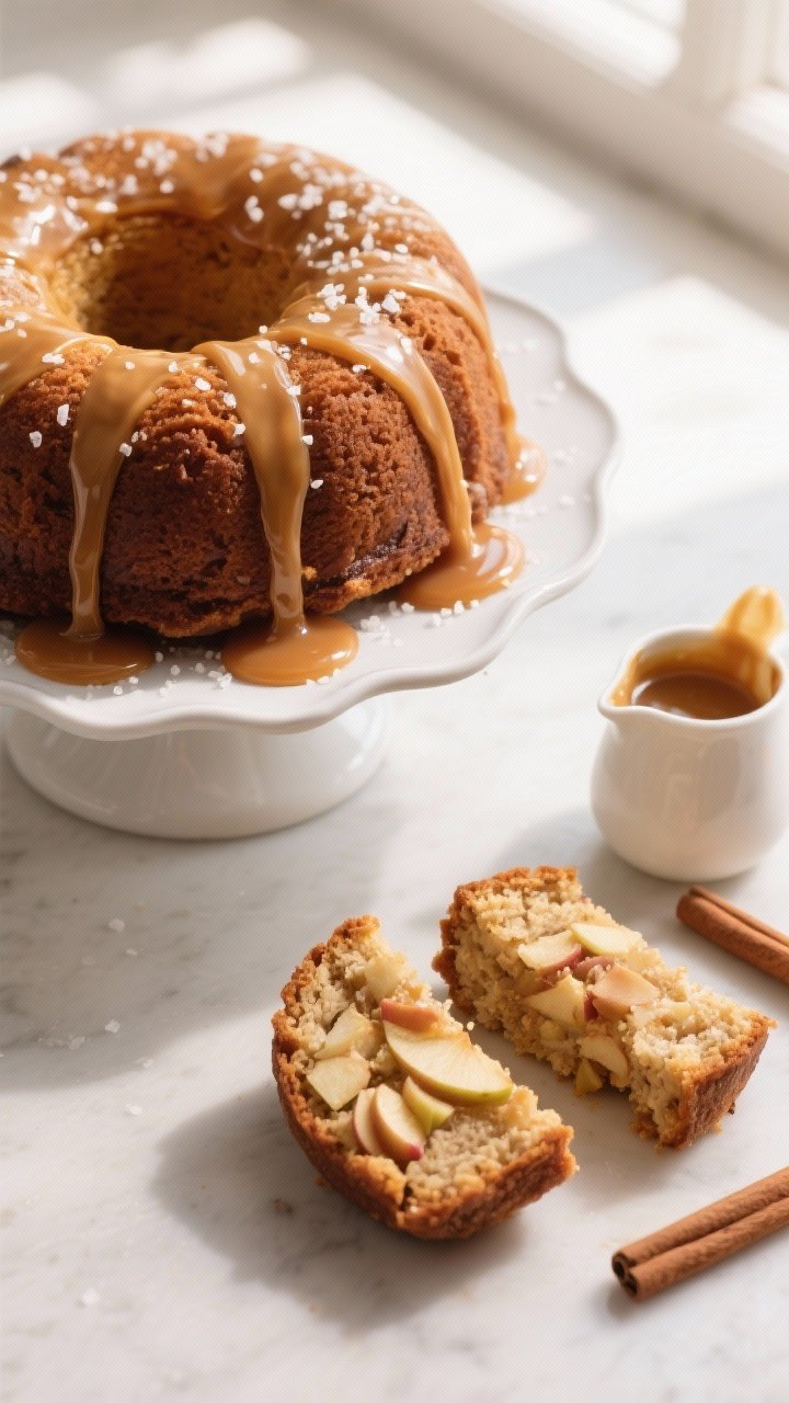 Overhead final presentation: Fully cooled Caramel Drizzle Apple Bundt Cake on a matte white pedestal