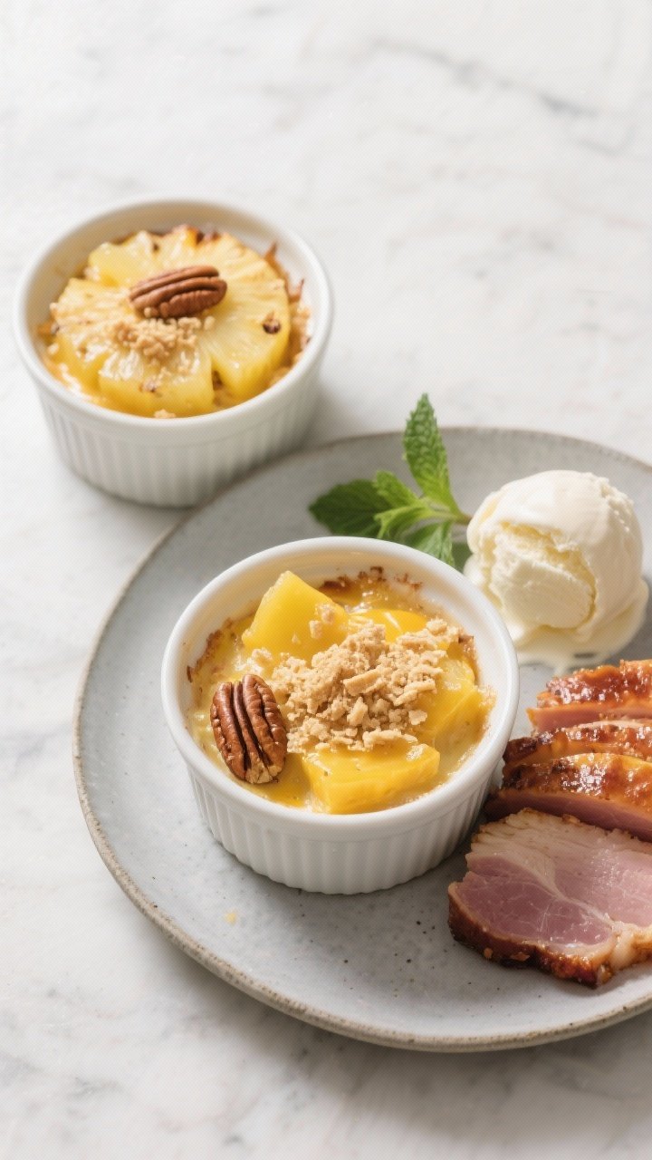 Overhead final presentation: neatly scooped portions of pineapple casserole served warm in individua