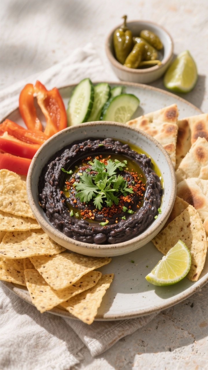 Overhead final presentation of black bean dip in a low, wide ceramic bowl, topped with a delicate ol