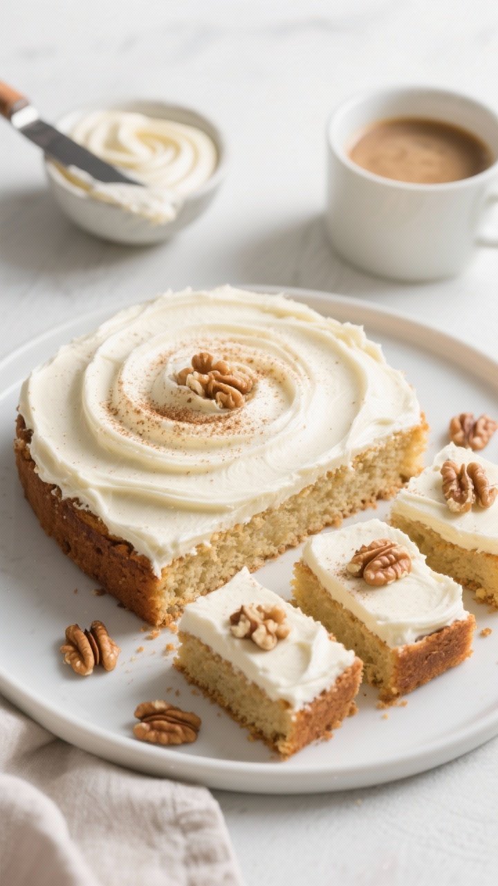 Overhead final presentation of frosted banana cake slices arranged on a matte white platter: thick, 