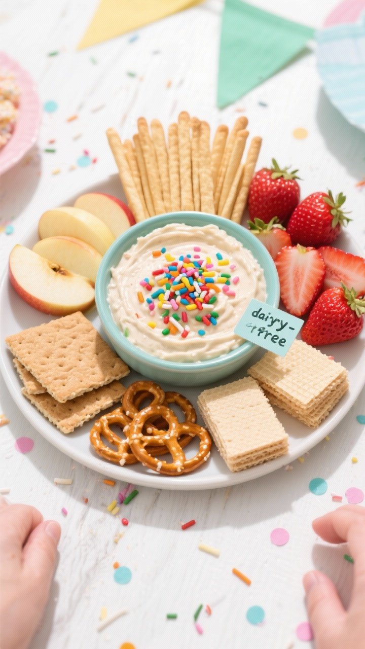 Overhead final presentation: Party-ready platter featuring a central bowl of vegan Funfetti Dip crow