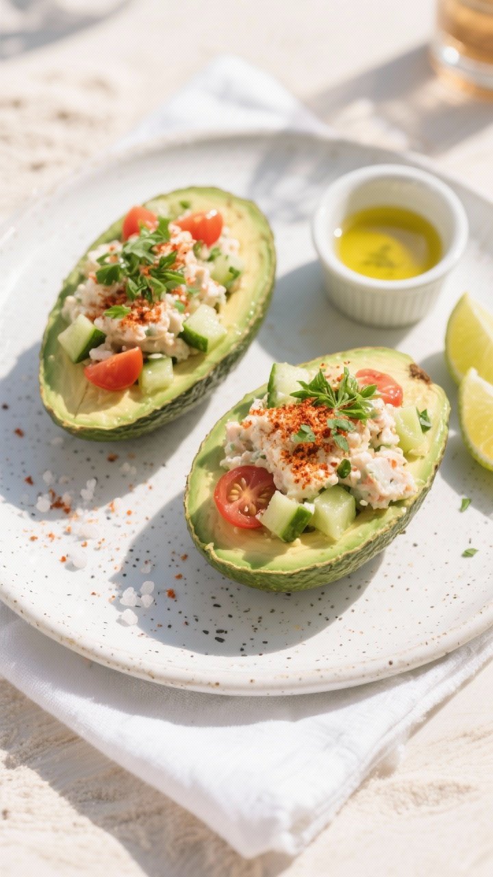 Overhead final presentation: two avocado crab salad boats arranged on a white speckled stoneware pla