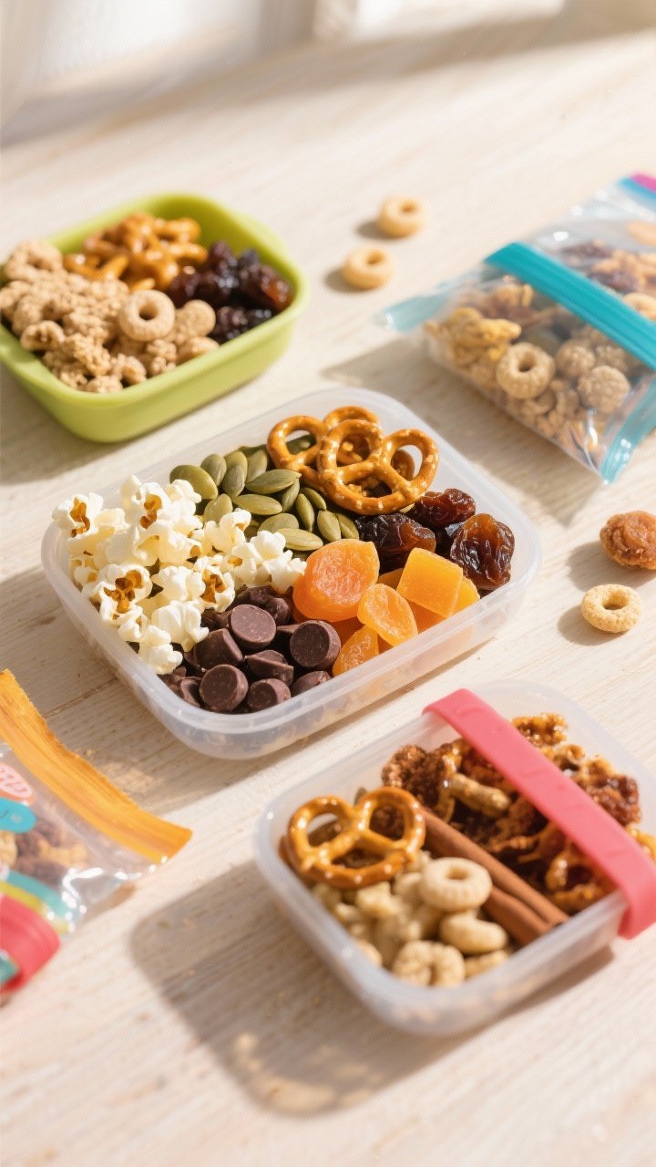 Overhead shot of a finished kid-friendly trail mix portioned into small reusable containers and sili