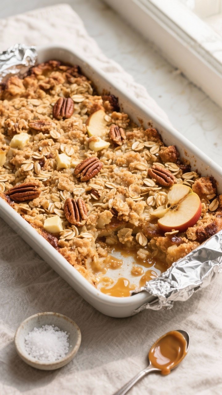 Overhead shot of a freshly baked apple crisp in a 9x13-inch baking dish just out of the oven, golden