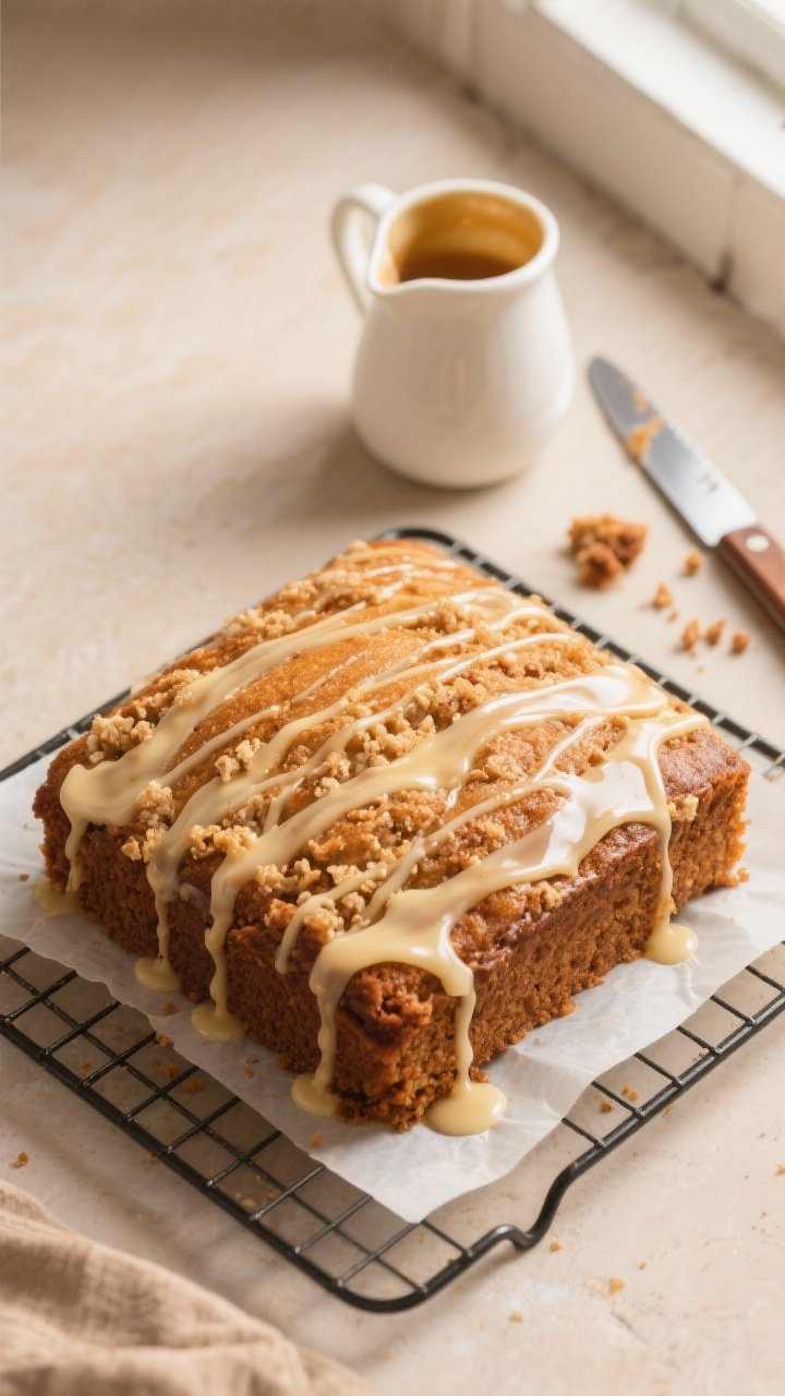 Overhead shot of a freshly baked glazed cinnamon coffee cake just after drizzling: golden-brown top 