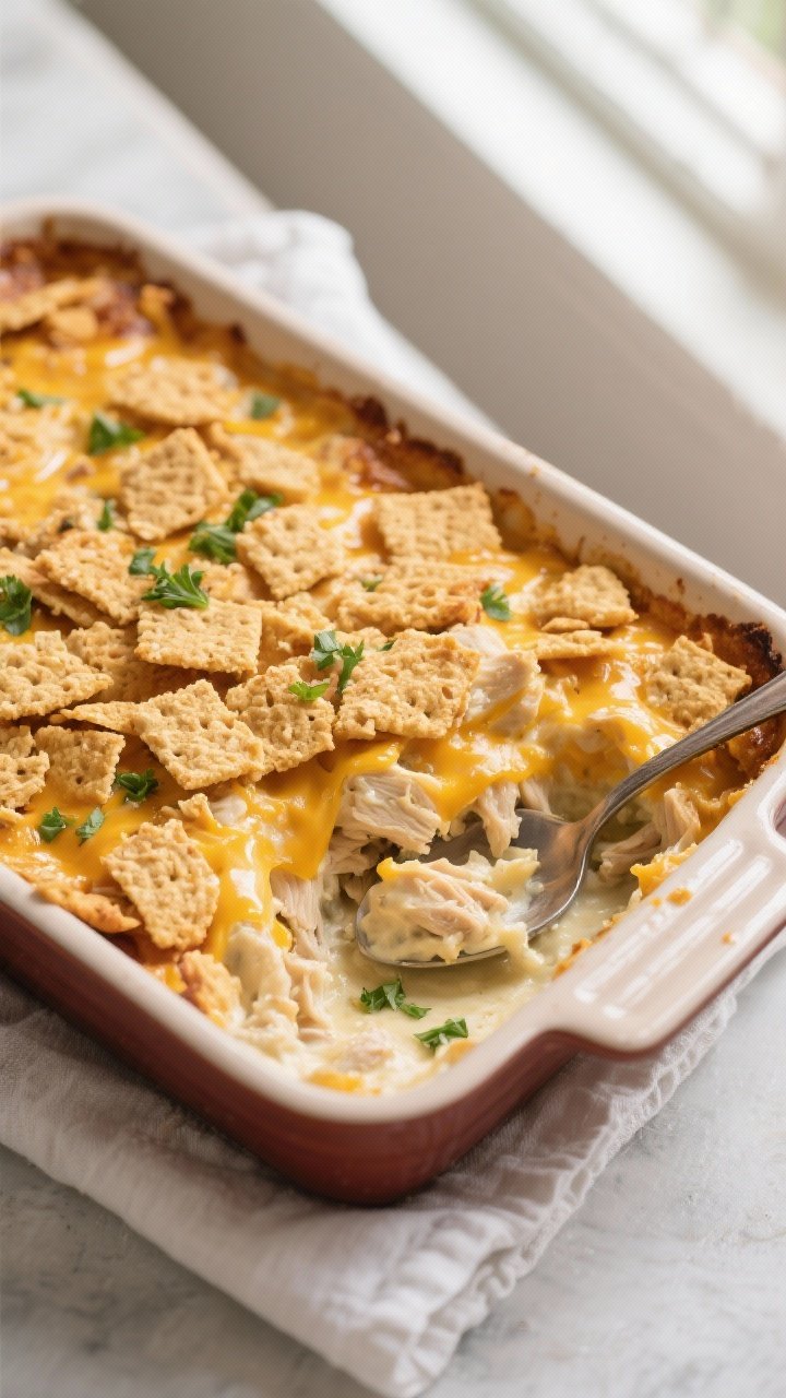 Overhead shot of a freshly baked Ritz Cracker Chicken Casserole in a 9x13 ceramic baking dish, golde