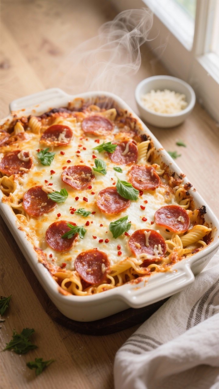 Overhead shot of a freshly broiled Pepperoni Pizza Pasta Bake in a 9x13 ceramic baking dish, cheese 