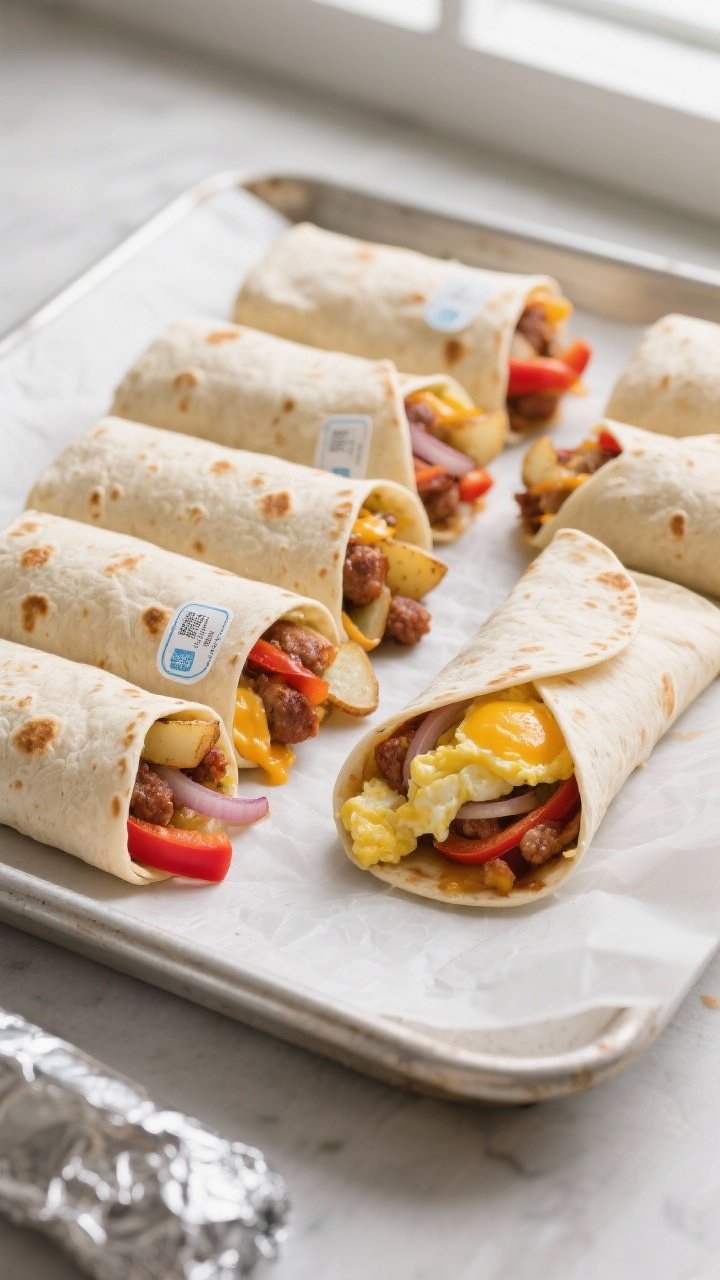 Overhead shot of a just-assembled, ready-to-freeze breakfast burrito lineup on a parchment-lined she
