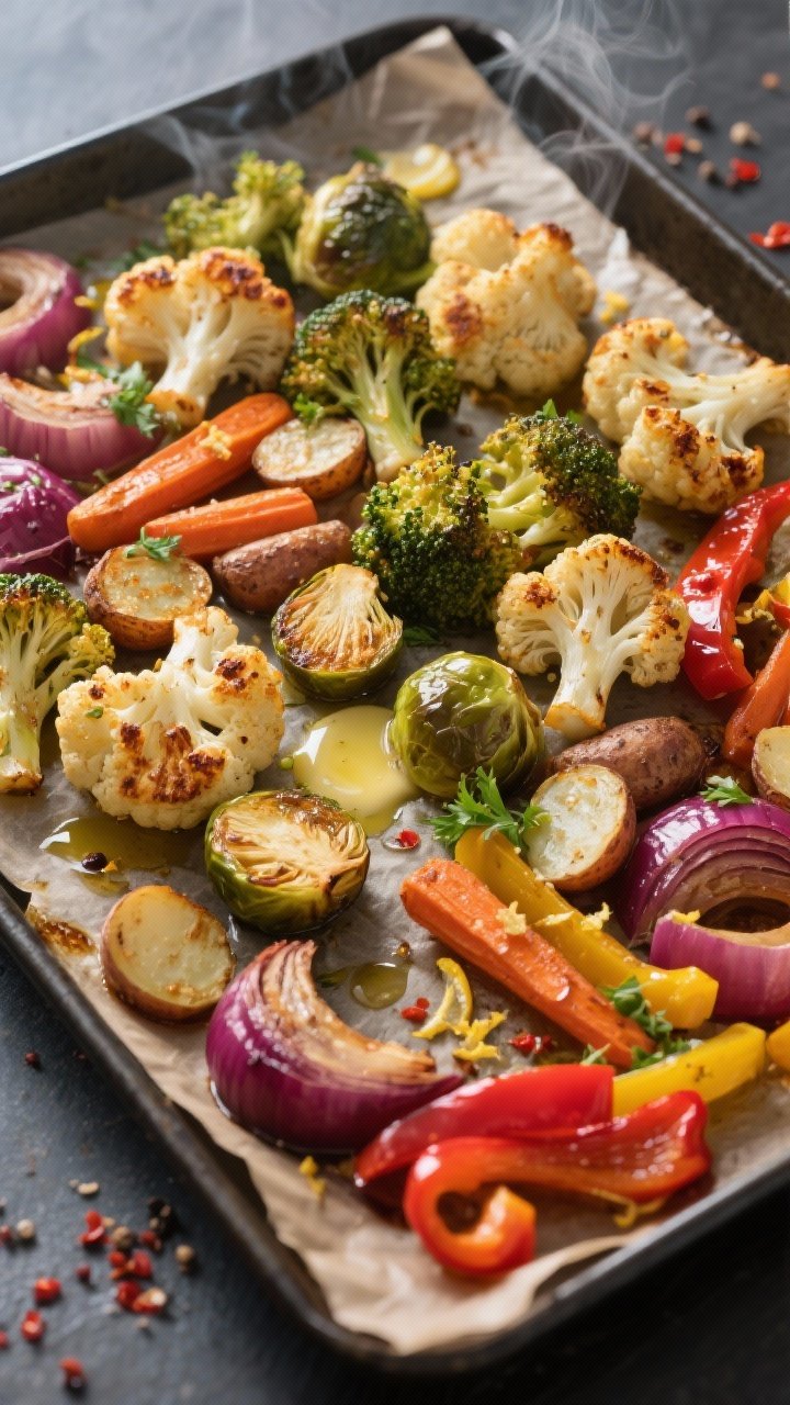 Overhead shot of a just-roasted sheet pan of garlic butter veggies at peak caramelization: broccoli 