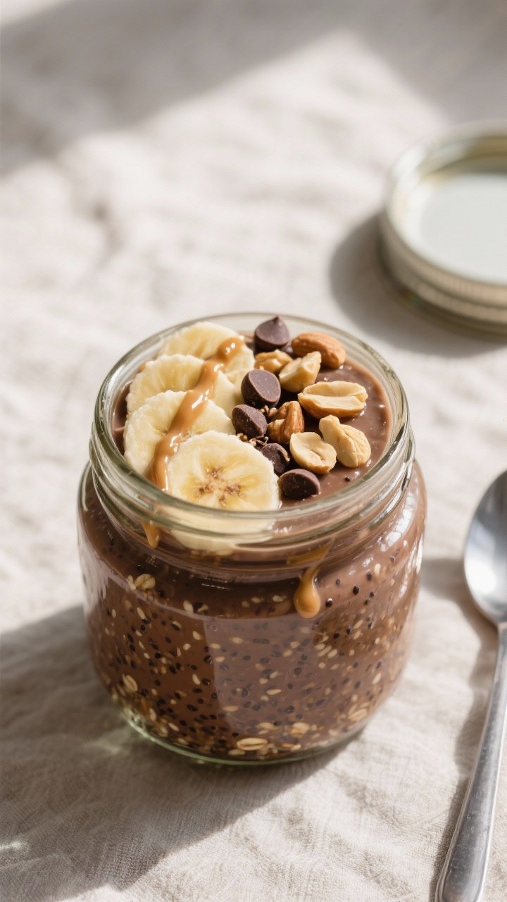 Overhead shot of a mason jar of chocolate peanut butter overnight oats just after morning stir, show