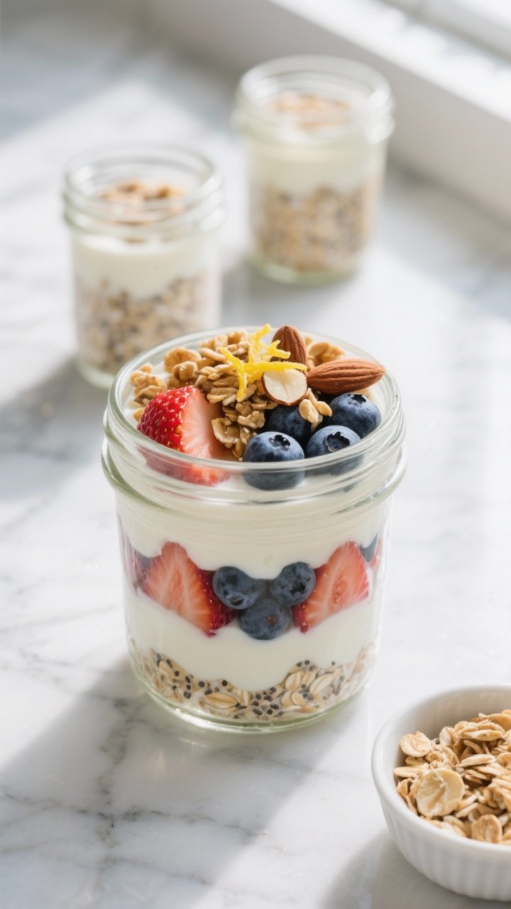 Overhead shot of a prepared Overnight Breakfast Parfait in a clear 16 oz glass jar, showing clean la