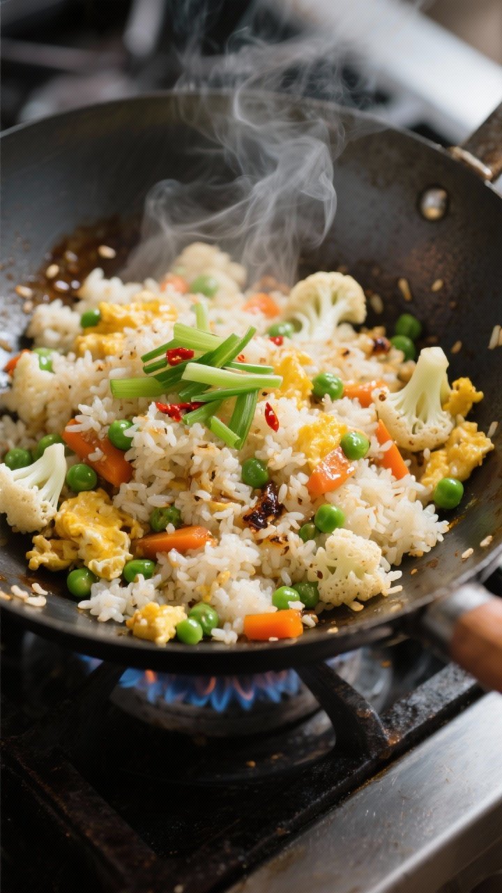 Overhead shot of cauliflower fried rice in a sizzling carbon-steel wok mid-stir-fry, showing steam-f