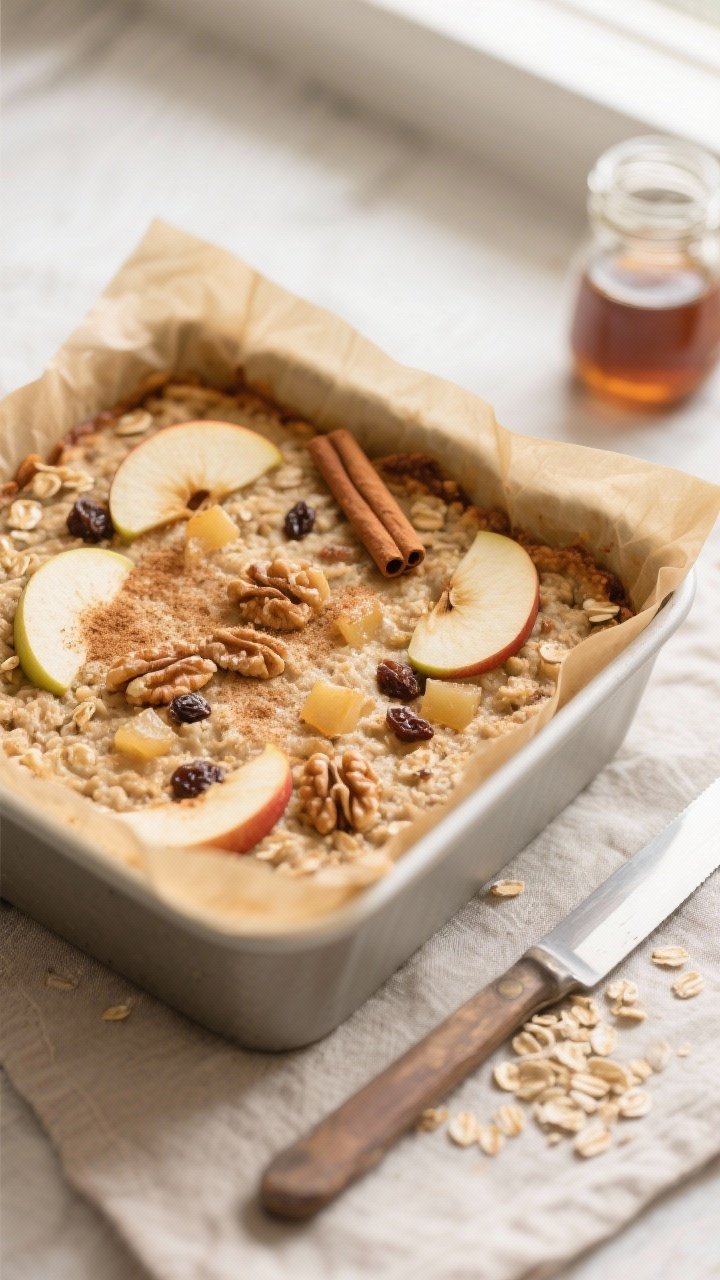 Overhead shot of freshly baked Apple Cinnamon Baked Oatmeal in a 9x9 parchment-lined dish right out 