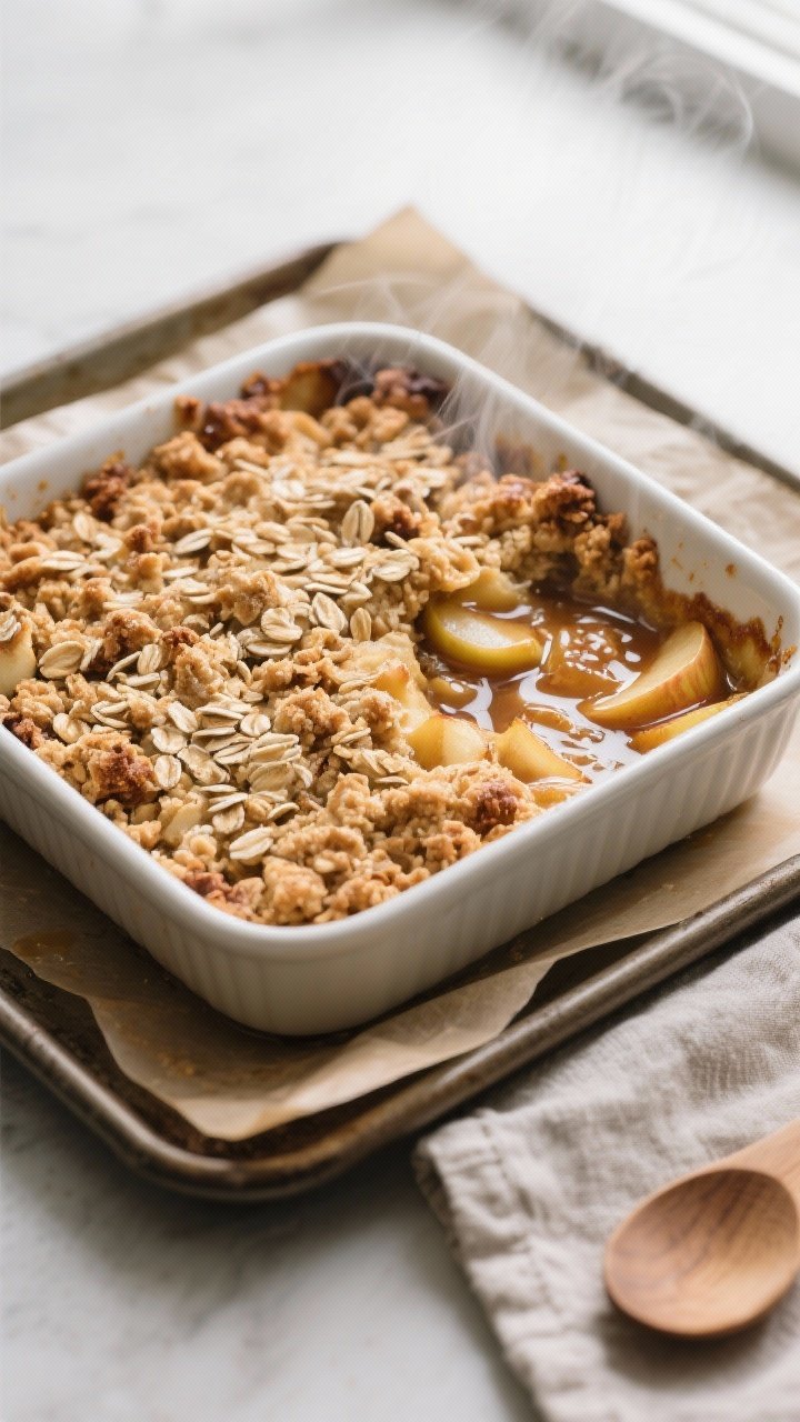 Overhead shot of freshly baked apple crisp just out of the oven: a 9x9 ceramic baking dish on a parc