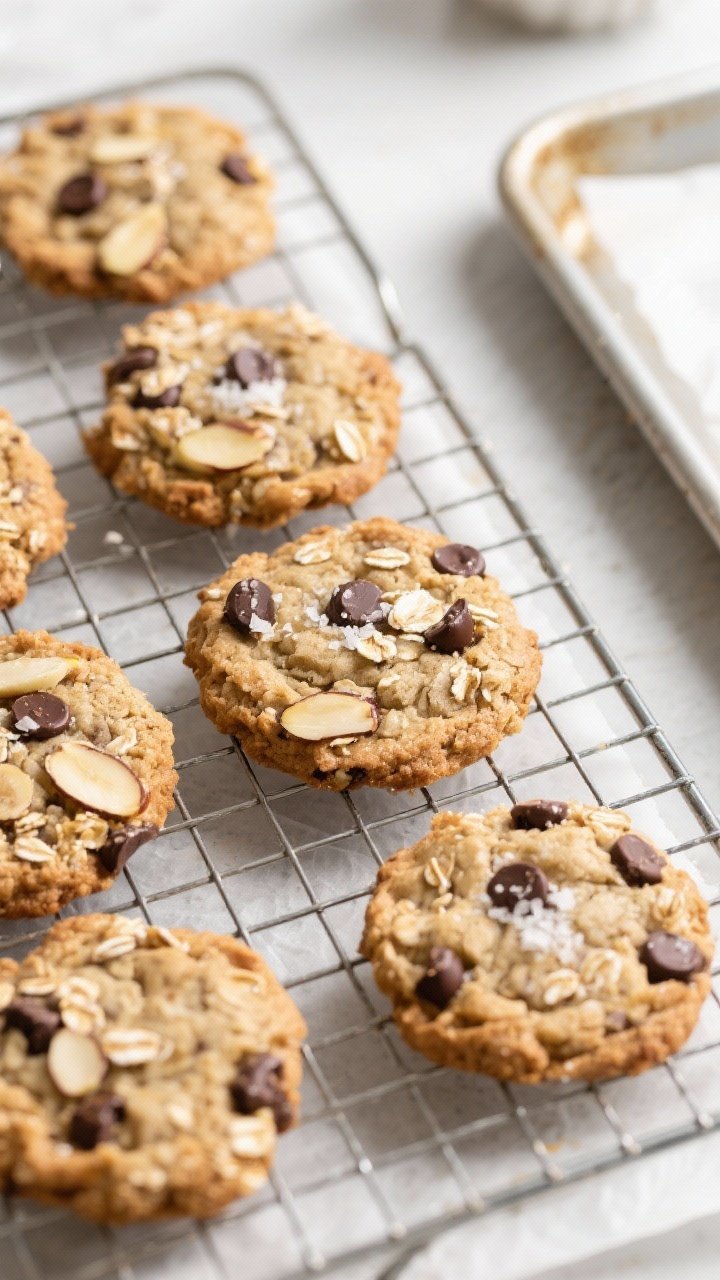 Overhead shot of freshly baked Banana Oatmeal Breakfast Cookies cooling on a wire rack, edges lightl